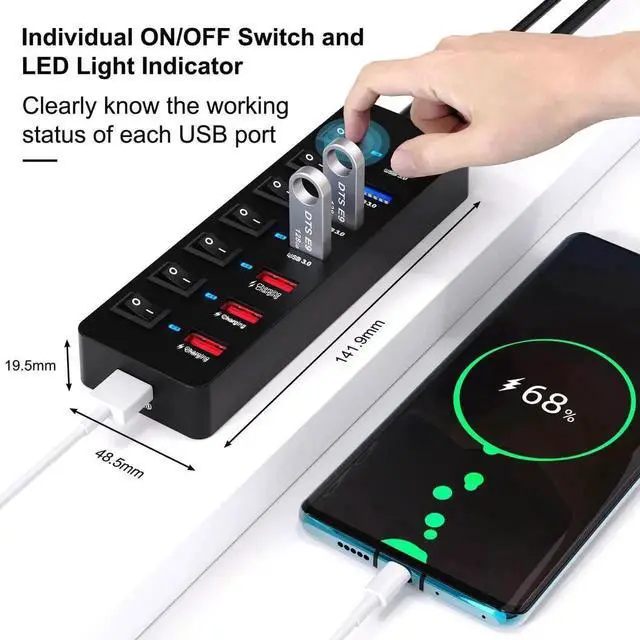 Alt view image 4 of 6 - 8 Port Powered USB 3.0 Hub with LED Indicator Lights, USB Splitter with Independent On/Off Switches & 12V 48W AC Adapter, Built-in QC3.0 & 3 Power IQ Charging Ports, Compatible with iPhone, iPad, Andr