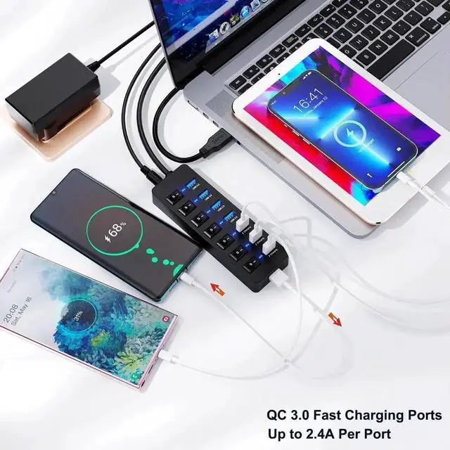 Alt view image 5 of 6 - 8 Port Powered USB 3.0 Hub with LED Indicator Lights, USB Splitter with Independent On/Off Switches & 12V 48W AC Adapter, Built-in QC3.0 & 3 Power IQ Charging Ports, Compatible with iPhone, iPad, Andr