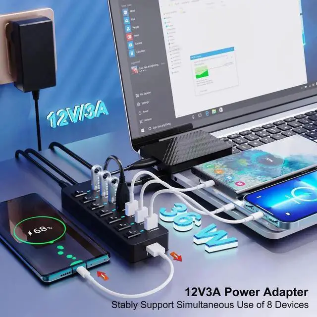 Alt view image 6 of 6 - 8 Port Powered USB 3.0 Hub with LED Indicator Lights, USB Splitter with Independent On/Off Switches & 12V 48W AC Adapter, Built-in QC3.0 & 3 Power IQ Charging Ports, Compatible with iPhone, iPad, Andr