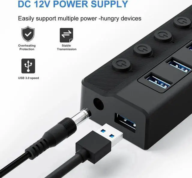 Alt view image 2 of 7 - USB 3.0 Hub, 10-Port USB Splitter with Individual On/Off Switches, 12V/2A Power Adapter USB Port Expander, Compatible with MacBook, Mac Pro, Mac Mini, Laptop, Desktop PC