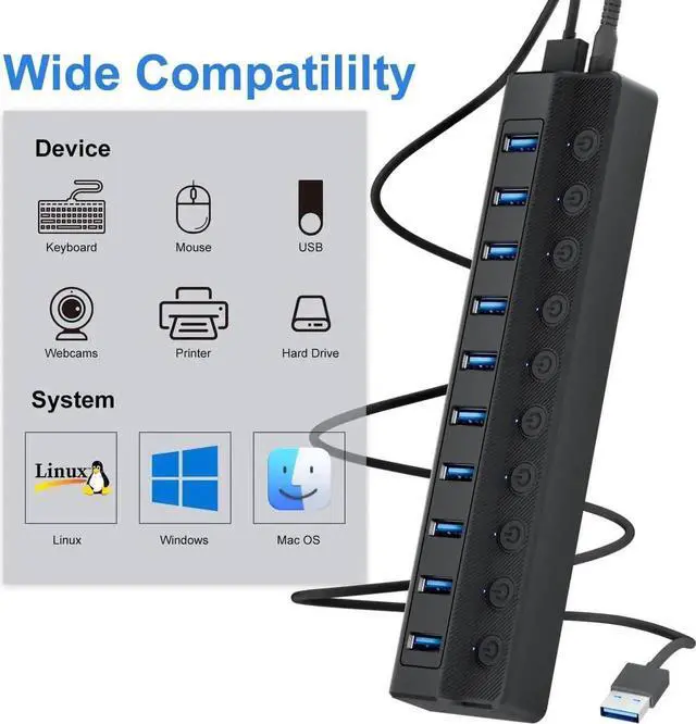 Alt view image 5 of 7 - USB 3.0 Hub, 10-Port USB Splitter with Individual On/Off Switches, 12V/2A Power Adapter USB Port Expander, Compatible with MacBook, Mac Pro, Mac Mini, Laptop, Desktop PC