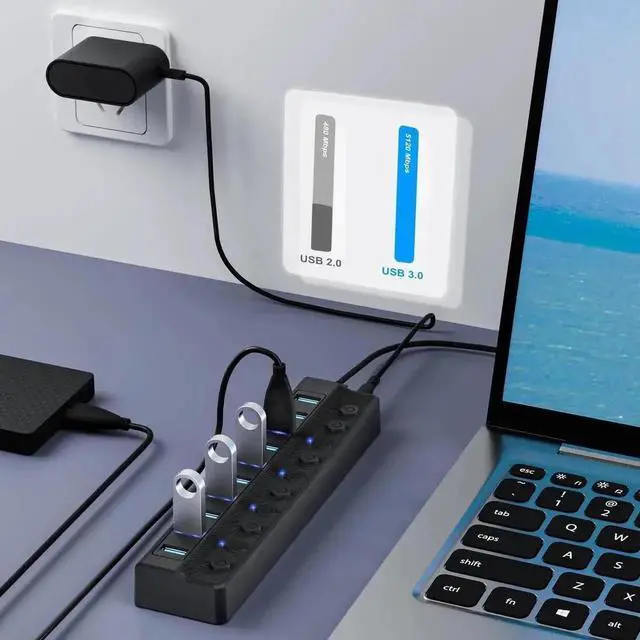 Alt view image 6 of 7 - USB 3.0 Hub, 10-Port USB Splitter with Individual On/Off Switches, 12V/2A Power Adapter USB Port Expander, Compatible with MacBook, Mac Pro, Mac Mini, Laptop, Desktop PC