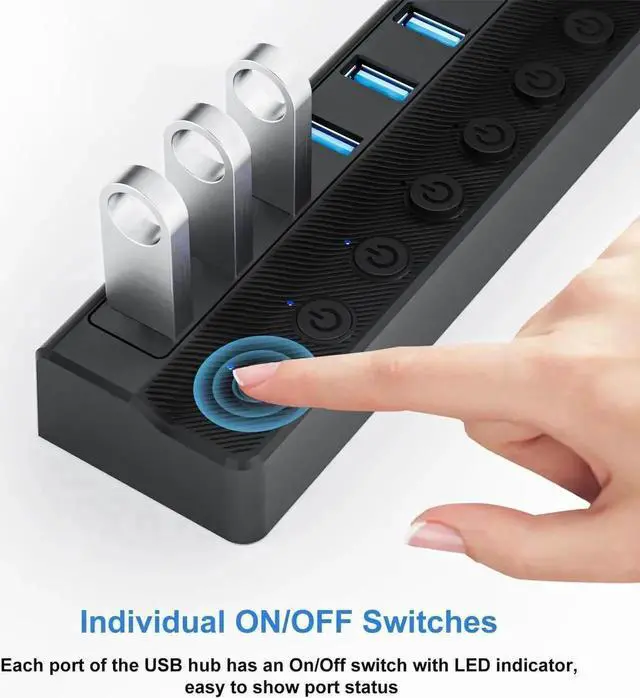 Alt view image 3 of 7 - USB 3.0 Hub, 10-Port USB Splitter with Individual On/Off Switches, 12V/2A Power Adapter USB Port Expander, Compatible with MacBook, Mac Pro, Mac Mini, Laptop, Desktop PC