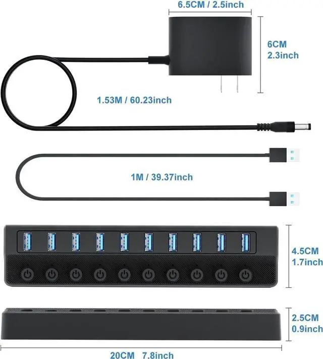 Alt view image 4 of 7 - USB 3.0 Hub, 10-Port USB Splitter with Individual On/Off Switches, 12V/2A Power Adapter USB Port Expander, Compatible with MacBook, Mac Pro, Mac Mini, Laptop, Desktop PC