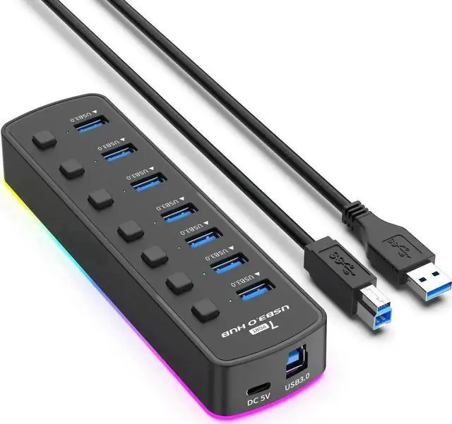 Main image of 7-Port Powered USB 3.0 Hub with RGB LED Indicator, Multiport USB Docking Station with Independent On/Off Switches, High Speed USB Hub Adapter for Laptop PC Computer