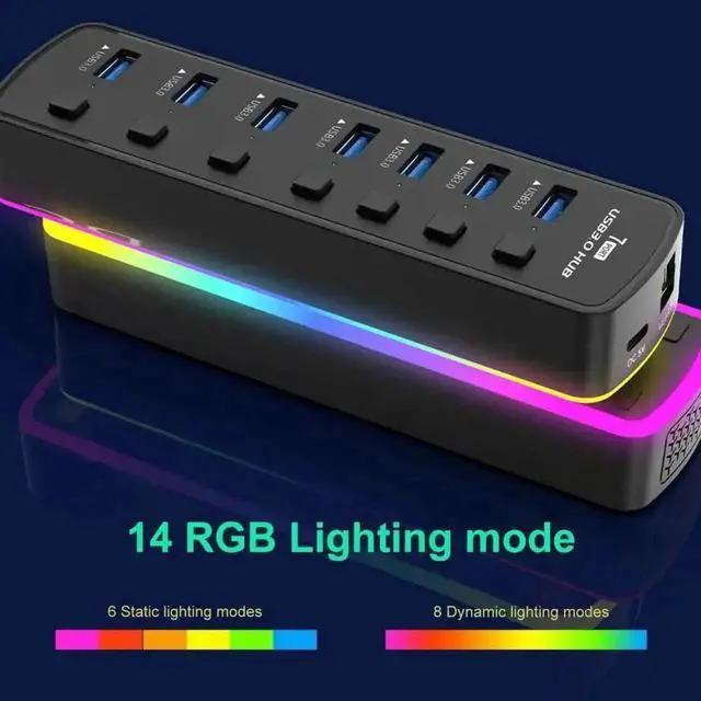 Alt view image 2 of 7 - 7-Port Powered USB 3.0 Hub with RGB LED Indicator, Multiport USB Docking Station with Independent On/Off Switches, High Speed USB Hub Adapter for Laptop PC Computer