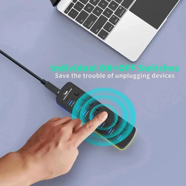 Alt view image 5 of 7 - 7-Port Powered USB 3.0 Hub with RGB LED Indicator, Multiport USB Docking Station with Independent On/Off Switches, High Speed USB Hub Adapter for Laptop PC Computer