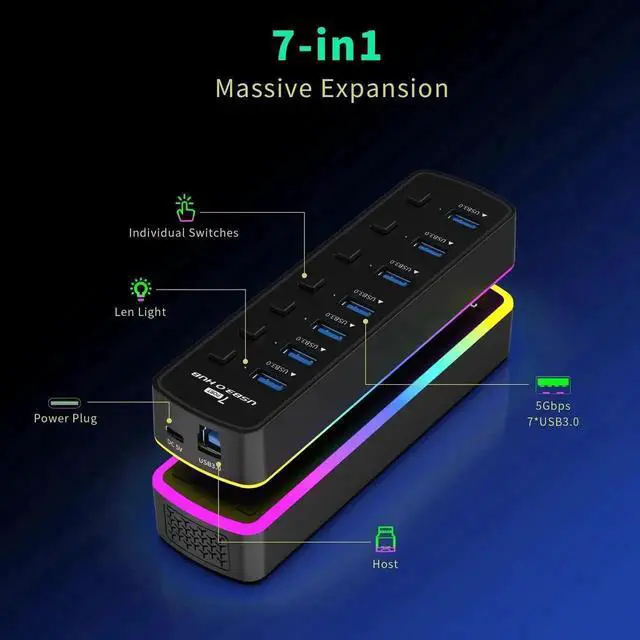 Alt view image 7 of 7 - 7-Port Powered USB 3.0 Hub with RGB LED Indicator, Multiport USB Docking Station with Independent On/Off Switches, High Speed USB Hub Adapter for Laptop PC Computer