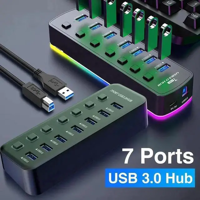 Alt view image 4 of 7 - 7-Port Powered USB 3.0 Hub with RGB LED Indicator, Multiport USB Docking Station with Independent On/Off Switches, High Speed USB Hub Adapter for Laptop PC Computer