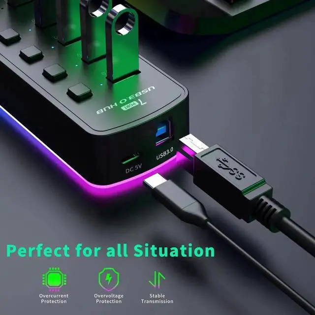 Alt view image 3 of 7 - 7-Port Powered USB 3.0 Hub with RGB LED Indicator, Multiport USB Docking Station with Independent On/Off Switches, High Speed USB Hub Adapter for Laptop PC Computer