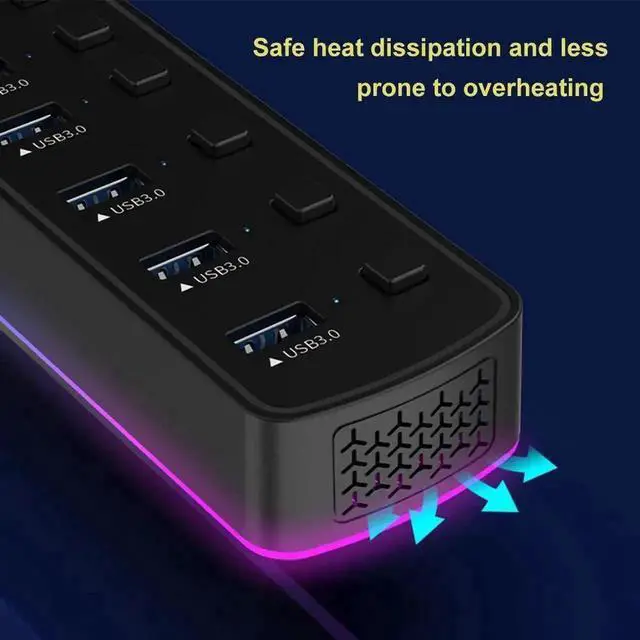 Alt view image 6 of 7 - 7-Port Powered USB 3.0 Hub with RGB LED Indicator, Multiport USB Docking Station with Independent On/Off Switches, High Speed USB Hub Adapter for Laptop PC Computer
