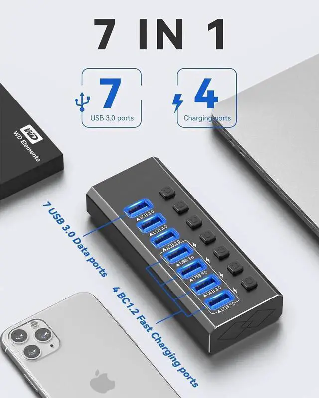 Alt view image 5 of 7 - Powered USB 3.0 Hub, 7 Data Ports + 4 Smart Charging Ports, Durable Aluminum Shell, Individual On/Off Switches, USB 3.0 Powered Hub with Power Adapter for Laptop, Desktop PC