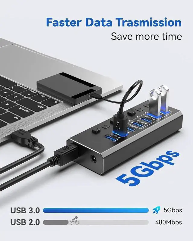 Alt view image 6 of 7 - Powered USB 3.0 Hub, 7 Data Ports + 4 Smart Charging Ports, Durable Aluminum Shell, Individual On/Off Switches, USB 3.0 Powered Hub with Power Adapter for Laptop, Desktop PC