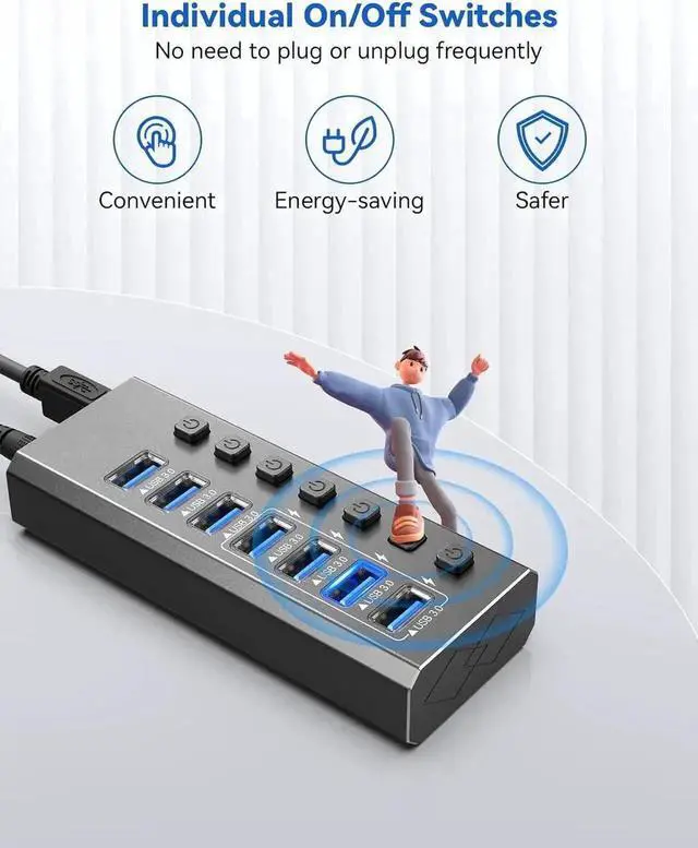 Alt view image 7 of 7 - Powered USB 3.0 Hub, 7 Data Ports + 4 Smart Charging Ports, Durable Aluminum Shell, Individual On/Off Switches, USB 3.0 Powered Hub with Power Adapter for Laptop, Desktop PC