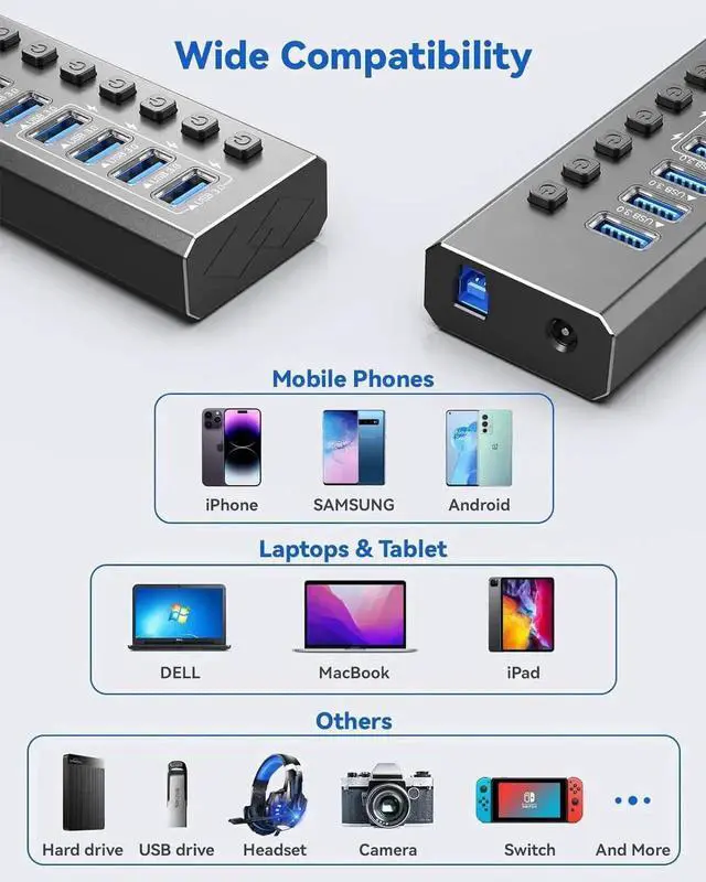 Alt view image 3 of 7 - Powered USB 3.0 Hub, 7 Data Ports + 4 Smart Charging Ports, Durable Aluminum Shell, Individual On/Off Switches, USB 3.0 Powered Hub with Power Adapter for Laptop, Desktop PC