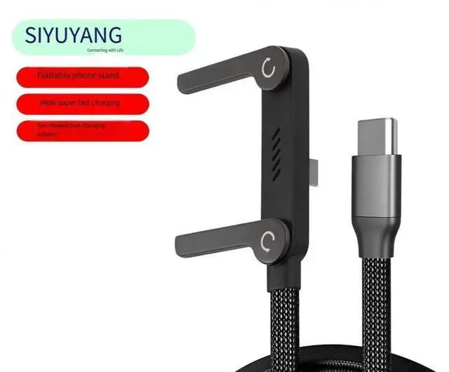 Main image of 240W USB-C Fast Charging Cable with Built-in 360° Adjustable Phone Stand, Support Landscape & Portrait Mode, Charge While Gaming, Compatible with iPhone, Android Smartphones and Tablets