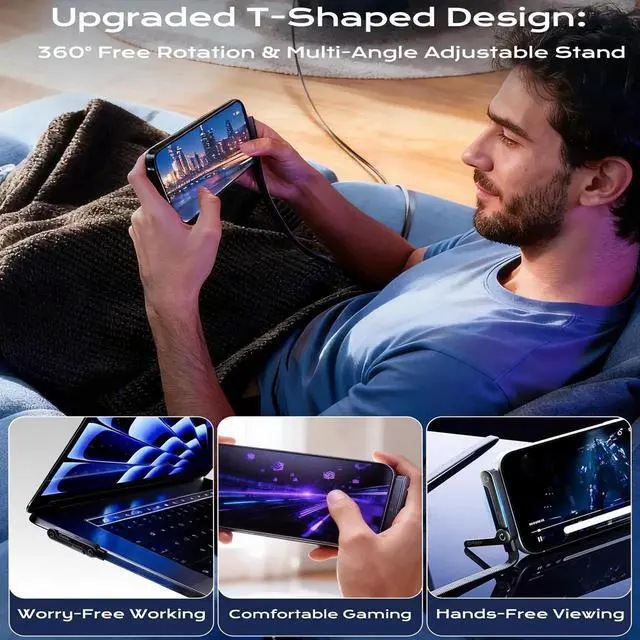 Alt view image 3 of 6 - 240W USB-C Fast Charging Cable with Built-in 360° Adjustable Phone Stand, Support Landscape & Portrait Mode, Charge While Gaming, Compatible with iPhone, Android Smartphones and Tablets