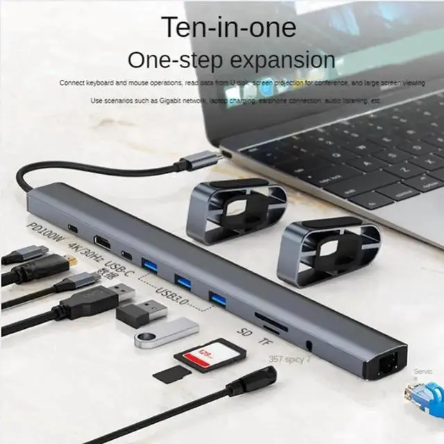 Alt view image 2 of 7 - 10 in 1 USB C Hub Multiport Adapter, Type C Splitter Dock with USB 3.0 Ports & 3.5mm Audio Jack, Portable USB-C Docking Station, Multi-Function Converter for Type-C Laptops, Smartphones and Tablets