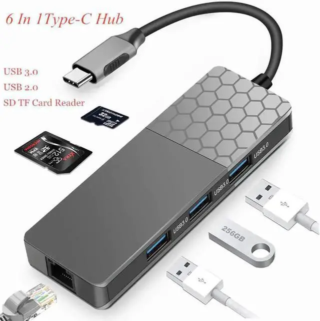 Main image of 6 in 1 USB C Docking Station Multiport Hub, Type C Adapter with USB3.0, RJ45 Ethernet Port, SD TF Card Reader & PD Charging, High Speed Data Transfer Dock Compatible with Type-C Laptops, Notebooks and