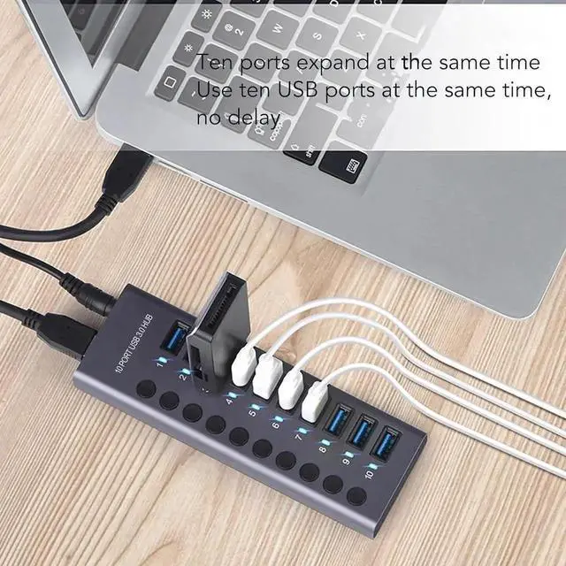 Alt view image 7 of 7 - Powered USB 3.0 Hub, 10-Port USB 3.0 Data Splitter with Independent On/Off Switches, USB Hub with 60W Power Adapter 100-240V US Plug, Multiport USB Expansion Station for Laptop Desktop PC