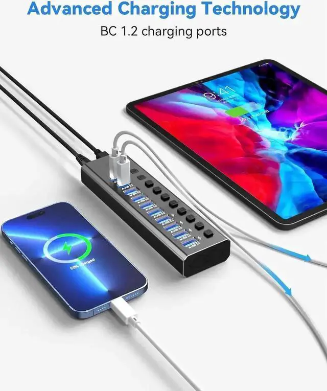 Alt view image 3 of 7 - Powered USB 3.2 Hub, 10-Port Aluminum USB Splitter with 10Gbps USB-A 3.2, 2 USB-C 3.2 & 7 USB 3.0 Ports, Independent On/Off Switches, 12V Power Adapter, Multiport Expansion Hub for Laptop and Desktop