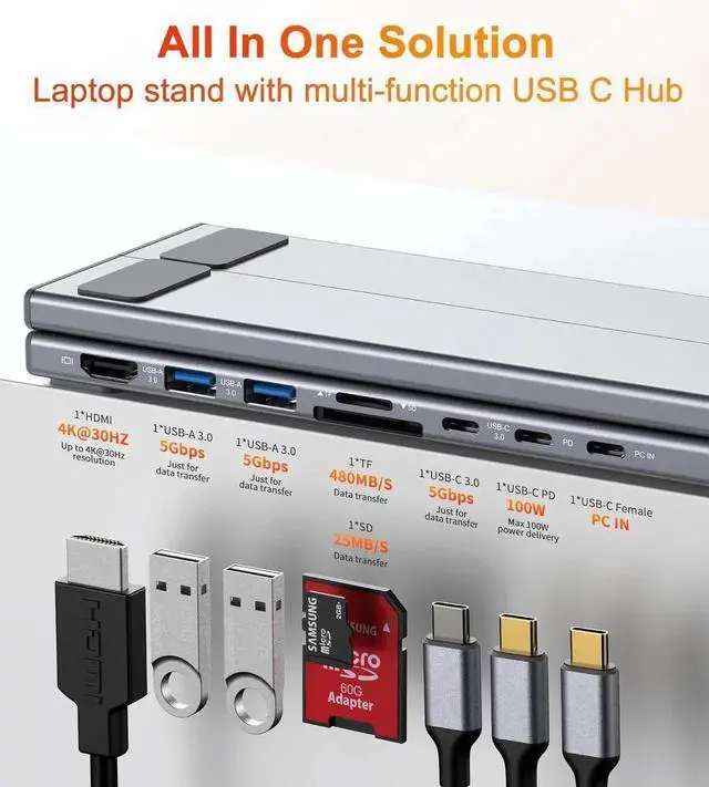Alt view image 5 of 7 - 8-in-1 USB C Docking Station with Laptop & Tablet Stand, Multiport USB-C Hub Featuring 4K HDMI, 2 USB 3.0 Ports, 100W PD Charging, Universal Dock Compatible with MacBook Pro/Air, Dell, HP, Surface, Le