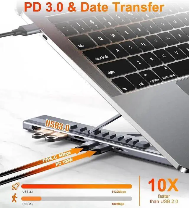 Alt view image 6 of 7 - 8-in-1 USB C Docking Station with Laptop & Tablet Stand, Multiport USB-C Hub Featuring 4K HDMI, 2 USB 3.0 Ports, 100W PD Charging, Universal Dock Compatible with MacBook Pro/Air, Dell, HP, Surface, Le