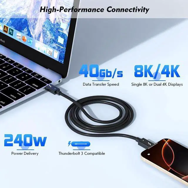 Alt view image 2 of 4 - Thunderbolt 4 Cable, 40Gbps Data Transfer, 240W PD Charging, 8K Video Output, Built-in E-Marker Chip, Nylon Braided USB4 Cord with 12000 Bend Lifespan, Compatible with MacBook, Laptop, eGPU, Docking