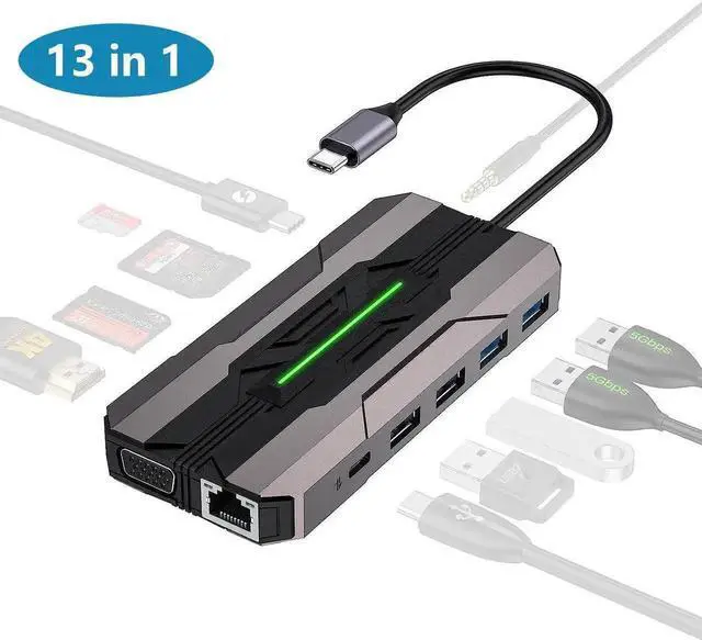 Main image of 13-in-1 USB C Docking Station Multiport Adapter, Type-C Dongle with 4K HDMI, VGA, 100W PD Charging, Gigabit Ethernet, SD/TF Card Reader, USB 3.0/2.0, USB-C Port, Mic/Audio Jack for MacBook and USB-C L