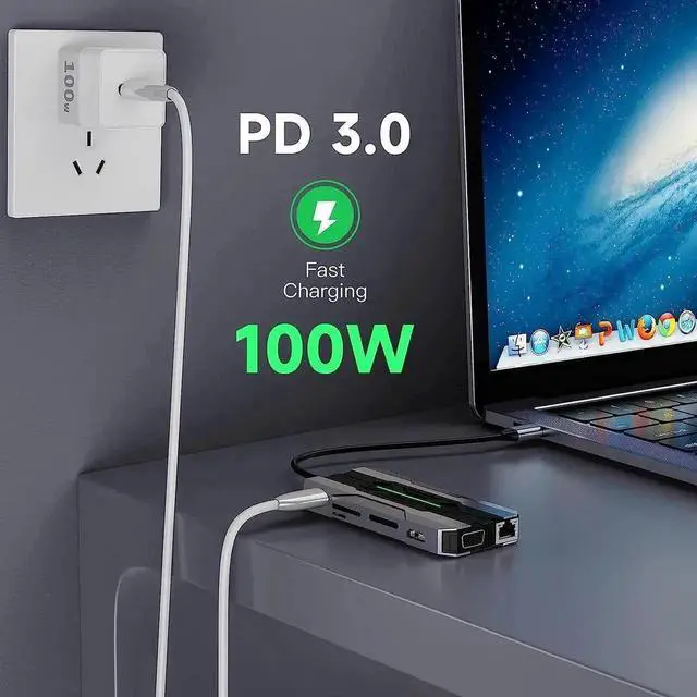 Alt view image 3 of 7 - 13-in-1 USB C Docking Station Multiport Adapter, Type-C Dongle with 4K HDMI, VGA, 100W PD Charging, Gigabit Ethernet, SD/TF Card Reader, USB 3.0/2.0, USB-C Port, Mic/Audio Jack for MacBook and USB-C L