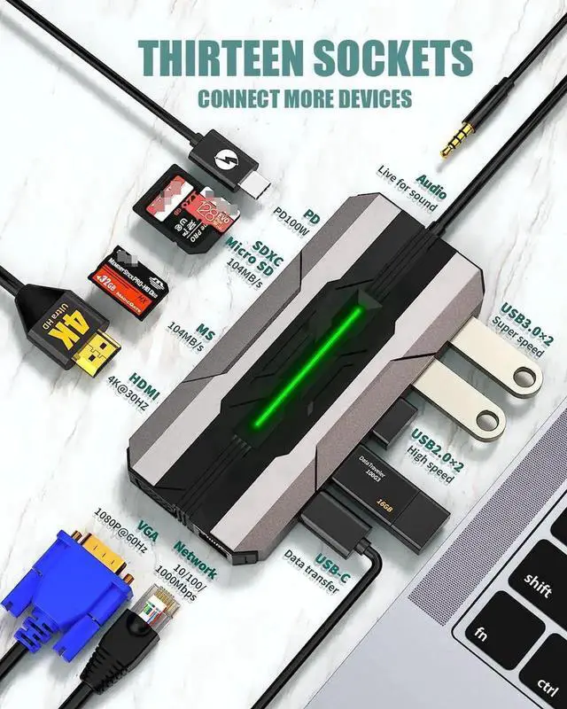 Alt view image 2 of 7 - 13-in-1 USB C Docking Station Multiport Adapter, Type-C Dongle with 4K HDMI, VGA, 100W PD Charging, Gigabit Ethernet, SD/TF Card Reader, USB 3.0/2.0, USB-C Port, Mic/Audio Jack for MacBook and USB-C L