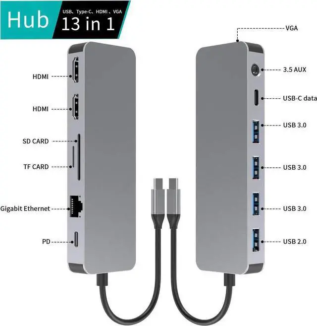 Alt view image 4 of 6 - 13-in-1 USB C Docking Station, Multiport USB-C Hub with Dual HDMI Ports, Supports Triple Monitor Display, Type-C Expansion Adapter for USB-C Laptops, Ideal for Office Multitasking