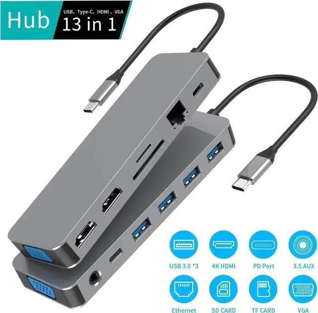 Alt view image 6 of 6 - 13-in-1 USB C Docking Station, Multiport USB-C Hub with Dual HDMI Ports, Supports Triple Monitor Display, Type-C Expansion Adapter for USB-C Laptops, Ideal for Office Multitasking