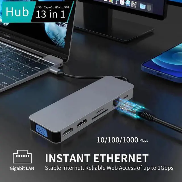 Alt view image 5 of 6 - 13-in-1 USB C Docking Station, Multiport USB-C Hub with Dual HDMI Ports, Supports Triple Monitor Display, Type-C Expansion Adapter for USB-C Laptops, Ideal for Office Multitasking