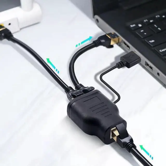 Alt view image 4 of 4 - 1 to 2 RJ45 Gigabit Ethernet Splitter with USB Power Supply & LED Indicator, LAN Network Splitter Adapter for Sharing Single Ethernet Cable Between Two Network Devices