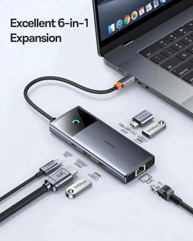 Alt view image 3 of 7 - Baseus 6-in-1 USB C Docking Station, 10Gbps Multiport USB-C Hub with 4K@60Hz HDMI, Gigabit Ethernet, 100W PD Charging, 3 USB A/C Data Ports, USB-C Dock for iPhone 15, Mac, iPad, HP, Microsoft Laptop