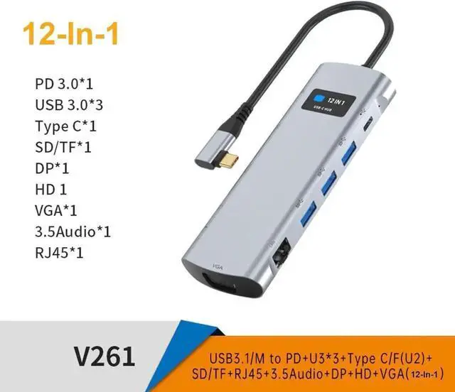 Alt view image 5 of 7 - 12-in-1 USB C Multiport Adapter, Type C Hub with 4K HDMI, VGA, RJ45 Ethernet, 3.5mm Audio Jack, SD/TF Card Reader, 3×USB3.0, Docking Station for Type-C Laptops