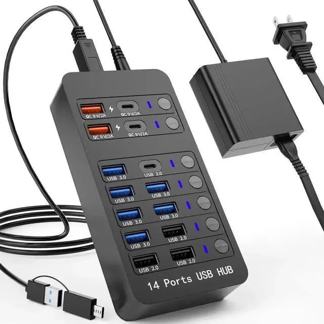 Main image of Powered USB 3.0 Hub, 14-Port USB Splitter with 10 High-Speed Data Ports & 4 Smart Charging Ports, Individual LED On/Off Switches, Multi Port USB Hub for PC, Laptop and Desktop Computer