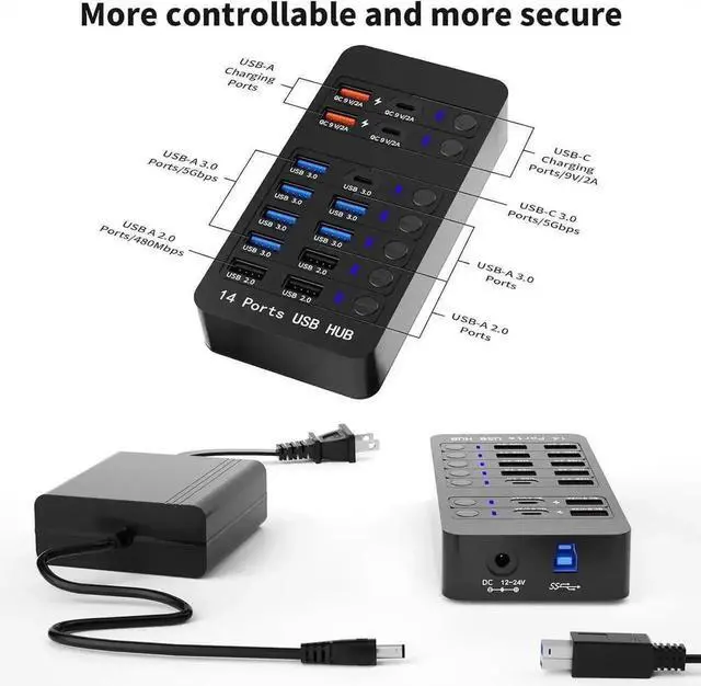 Alt view image 6 of 7 - Powered USB 3.0 Hub, 14-Port USB Splitter with 10 High-Speed Data Ports & 4 Smart Charging Ports, Individual LED On/Off Switches, Multi Port USB Hub for PC, Laptop and Desktop Computer