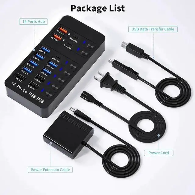 Alt view image 7 of 7 - Powered USB 3.0 Hub, 14-Port USB Splitter with 10 High-Speed Data Ports & 4 Smart Charging Ports, Individual LED On/Off Switches, Multi Port USB Hub for PC, Laptop and Desktop Computer