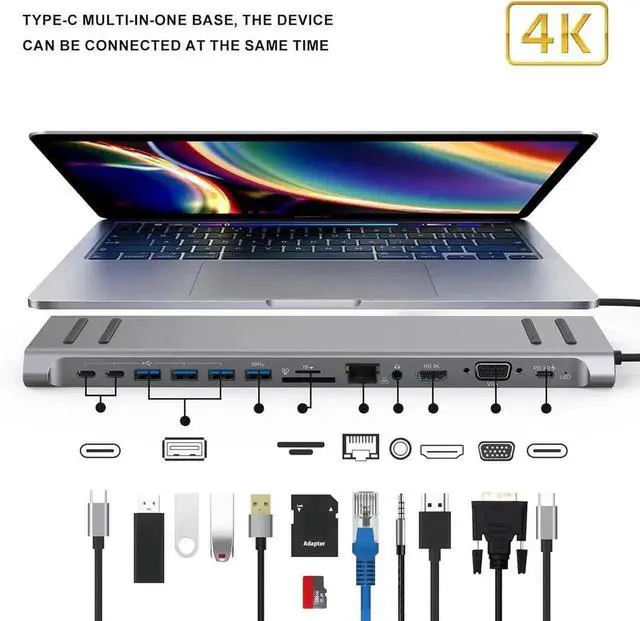 Alt view image 7 of 7 - 14 in 1 Type C Hub Multiport Adapter, USB C Docking Station with Dual HDMI, VGA, PD3.0 Charging, Gigabit Ethernet RJ45, USB C & USB Ports, SD/TF Card Reader for USB-C Laptops, Tablets and Smartphones