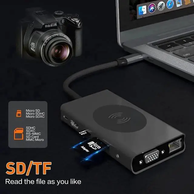 Alt view image 4 of 7 - 13 in 1 USB C Docking Station, AUBEAMTO Multiport USB C Hub with 4K HDMI, VGA, Gigabit RJ45 Ethernet, 2×USB3.0, USB-C 3.0/USB2.0, 100W PD Charging, SD/TF Card Reader, 3.5mm AUX Jack for MacBook Pro an
