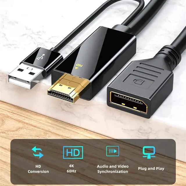 Alt view image 4 of 6 - Active HDMI to DisplayPort Adapter Cable, Unidirectional HDMI Input to DP Output, Supports 4K@60Hz, 1080P@144Hz, USB Powered for Gaming Monitor Laptop PC
