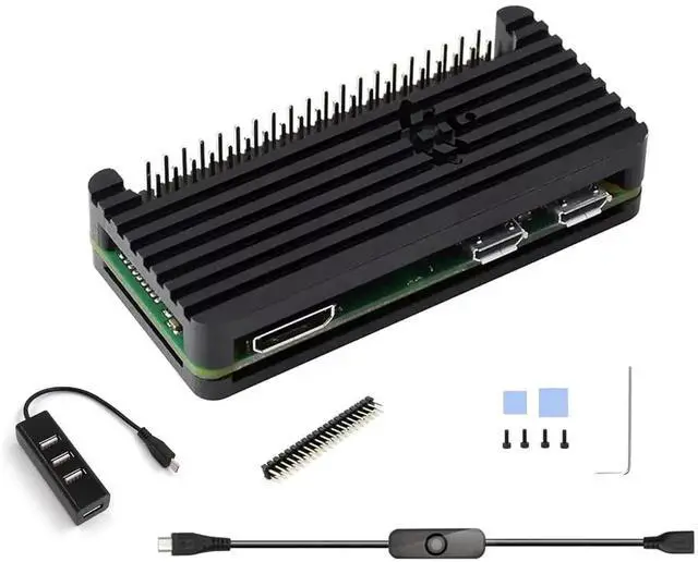 Main image of AJMRTC Raspberry Pi Zero 2 W Aluminum Case Kit, Passive Cooling Shell with 4-Port USB OTG Hub, Power Switch Cable, Pin Header, Hex Wrench & Thermal Pad, 7-in-1 Accessories Set