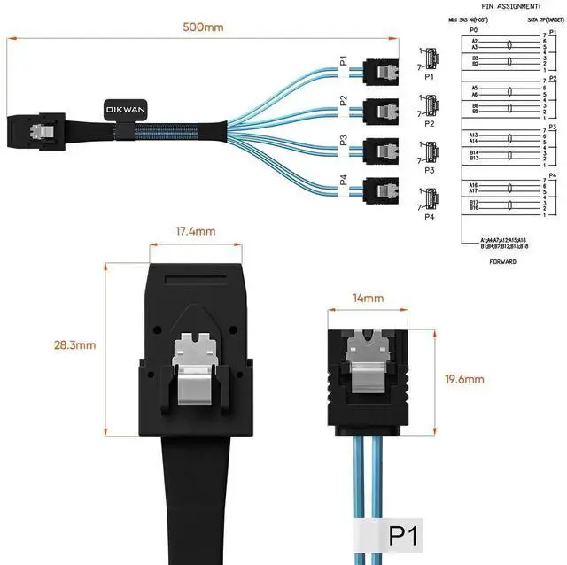Alt view image 2 of 6 - AJMRTC SFF-8087 to 4 SATA Breakout Cable, 36 Pin Mini SAS to 7 Pin SATA, Forward Breakout Compatible with PERC H310 RAID Controller, 1.6 Feet