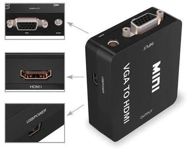 Alt view image 5 of 7 - AJMRTC VGA to HDMI Female to Female Adapter, With USB Power Cable & 3.5mm Audio Port, Support HD Video for PC, Laptop, Mac, Monitor, Projector, Black
