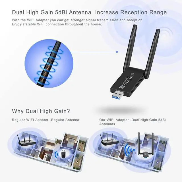 Alt view image 6 of 7 - AJMRTC AC1300 USB 3.0 WiFi Adapter, 802.11ac Dual Band 2.4GHz & 5GHz Wireless Network Dongle with MU-MIMO, WiFi Adapter for Desktop PC, Laptop, Windows System