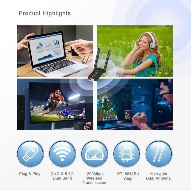 Alt view image 5 of 7 - AJMRTC AC1300 USB 3.0 WiFi Adapter, 802.11ac Dual Band 2.4GHz & 5GHz Wireless Network Dongle with MU-MIMO, WiFi Adapter for Desktop PC, Laptop, Windows System
