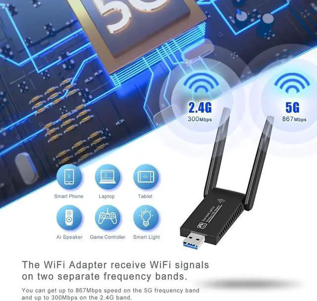 Alt view image 7 of 7 - AJMRTC AC1300 USB 3.0 WiFi Adapter, 802.11ac Dual Band 2.4GHz & 5GHz Wireless Network Dongle with MU-MIMO, WiFi Adapter for Desktop PC, Laptop, Windows System