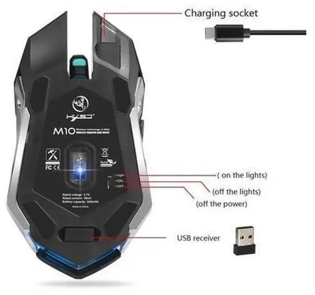 Alt view image 5 of 7 - AJMRTC M10 Rechargeable Wireless Gaming Mouse, Black Wireless Mouse with Colorful LED Lighting, Adjustable 2400DPI & Built-in 600mAh Lithium Battery for Laptop and Desktop Computers